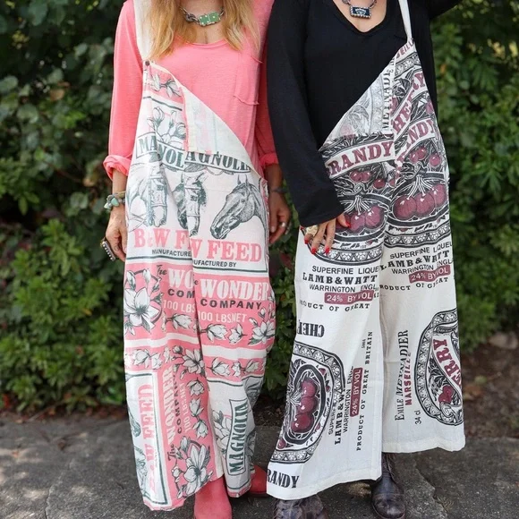 Hippie Flour Sack Overalls Horse and Magnolias Womens L/XL Pink Cream Handmade - Picture 3 of 8